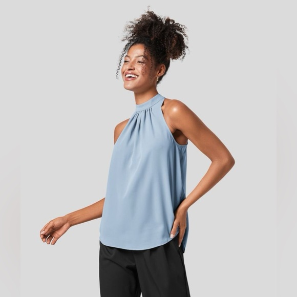 Halara Keyhole Back Halter Plicated Sleeveless Curved Hem Work Blouse/Shirt| NEW - Picture 4 of 12